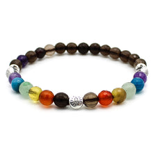 Carica l'immagine nel visualizzatore di Gallery, Bracciale unisex Sette chakra con quarzo fumè sfaccettato 6 mm e zama