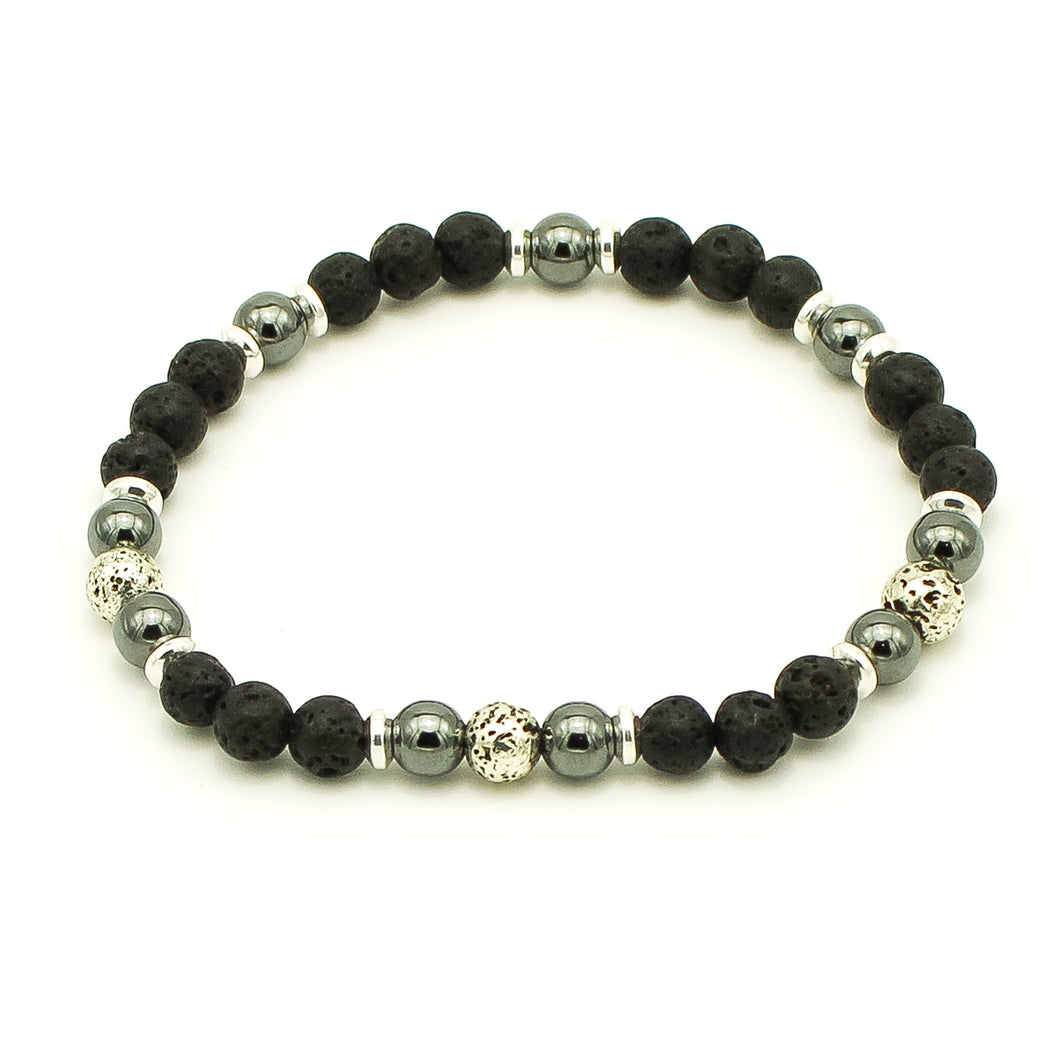 Bracciale uomo 6 mm pietra lavica, ematite e pietra lavica bagno argento