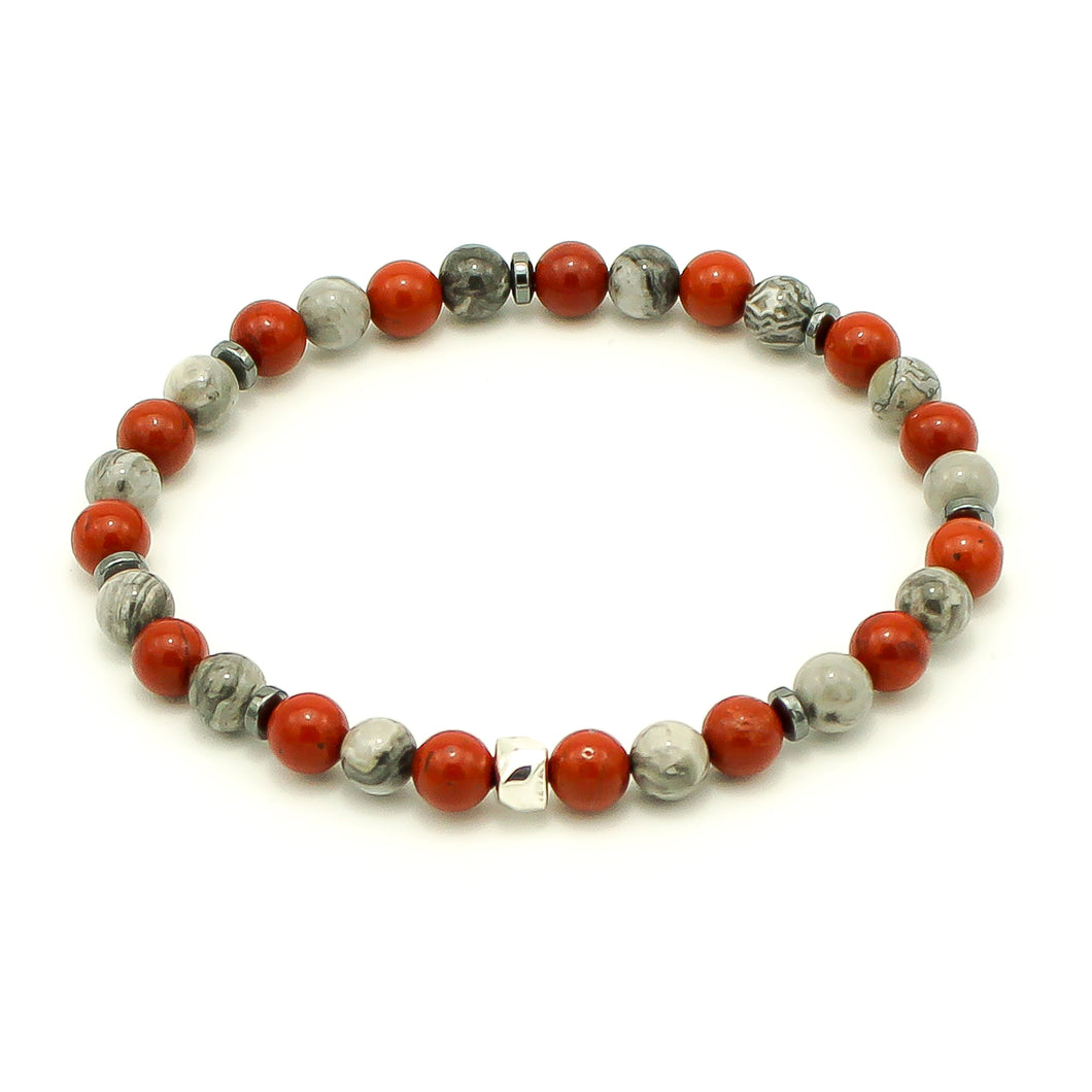 Bracciale uomo 6 mm diaspro rosso, paesina grigia, ematite e zama