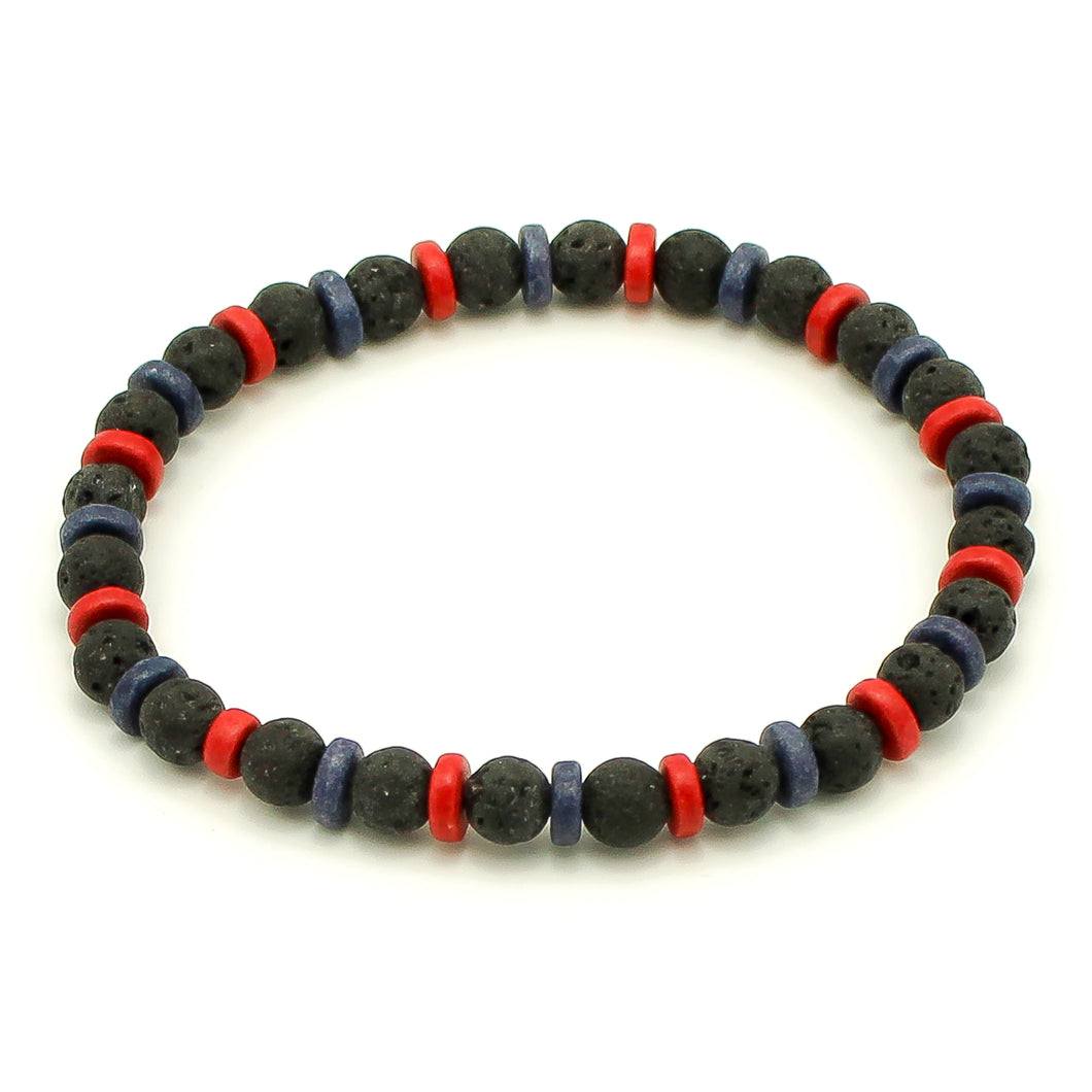 Bracciale uomo 6 mm pietra lavica e rondelle ceramica, rosso blu e nero