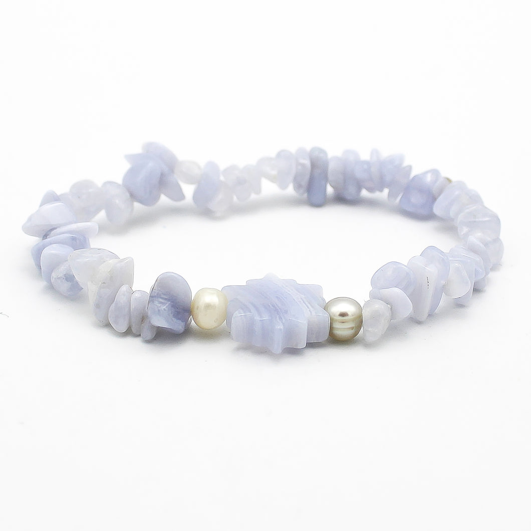 Bracciale donna chips agata pizzo blu con stelle e perle di fiume