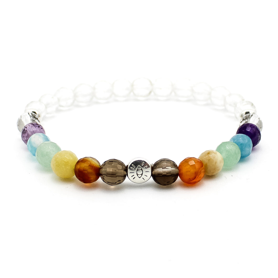 Bracciale unisex Sette chakra con cristallo di rocca liscio 6 mm e zama