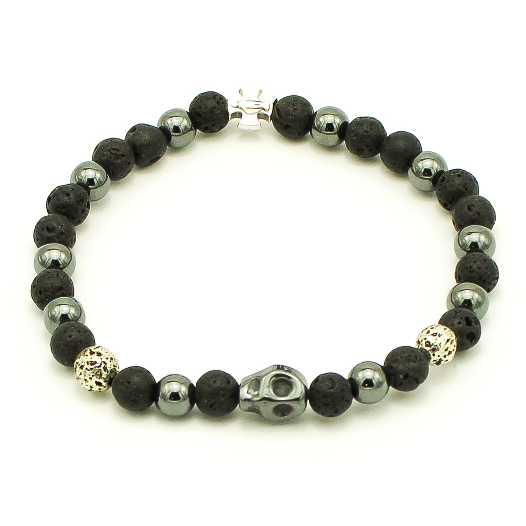 Bracciale uomo 6 mm pietra lavica, ematite, pietra lavica bagno argento e zama